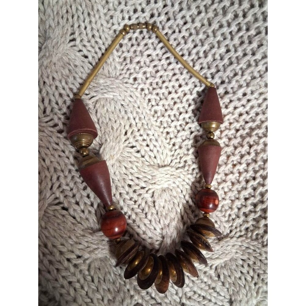 Vintage Boho Brass & Wood Beaded Necklace